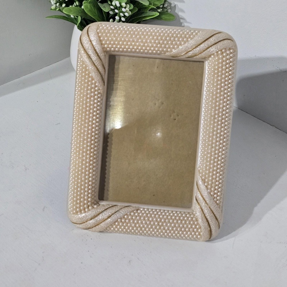 Lawson Falle Faux Pearl Beaded Frame‎ 5x7 Cream Gold Coquette Shabby Chic Vtg
